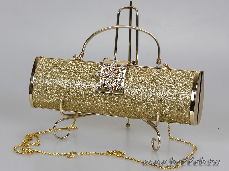 золотистая сумочка-клатч  оригинальной формы с металлической ручкой, декорированная необычным замочком № 18096
