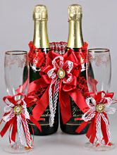 красный набор украшений на шампанское  и бокалы молодоженов, купить с доставкой