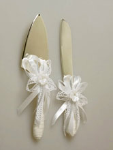 купить набор для свадебного торта: нож и лопатка с белым декором, картинки, цена