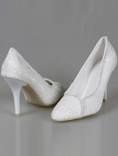  свадебные туфли-лодочки из белого кружева на высоком каблуке, фото