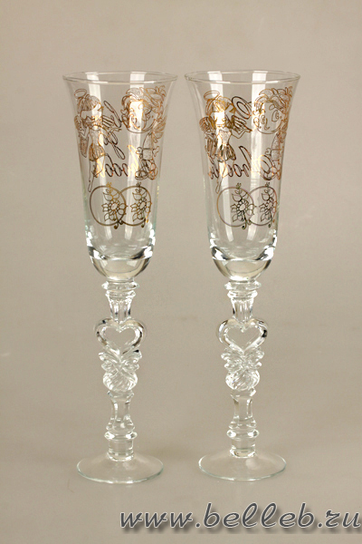  прозрачные бокалы для жениха и невесты с золотистым рисунком в виде двух пупсов №30108