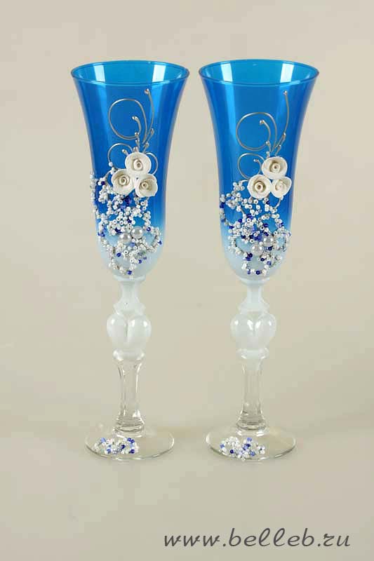 свадебные бокалы ручной работы из цветного синего стекла №30200
