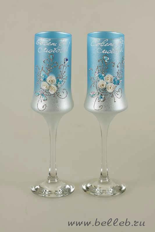 серебристо-голубые бокалы ручной работы оригинальной формы, декорированные цветами №30203