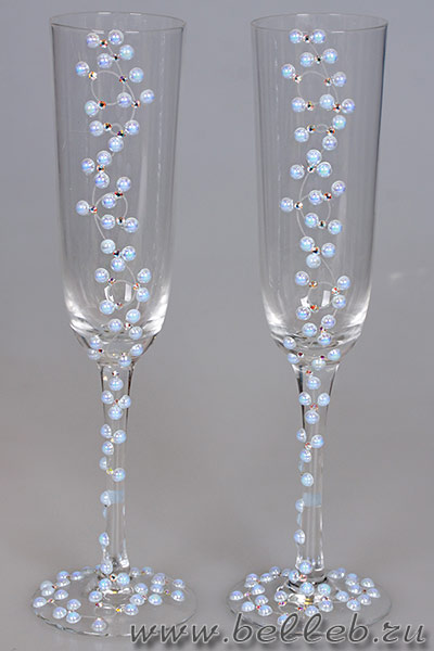 свадебные бокалы с голубыми жемчужинами и стразами №30021